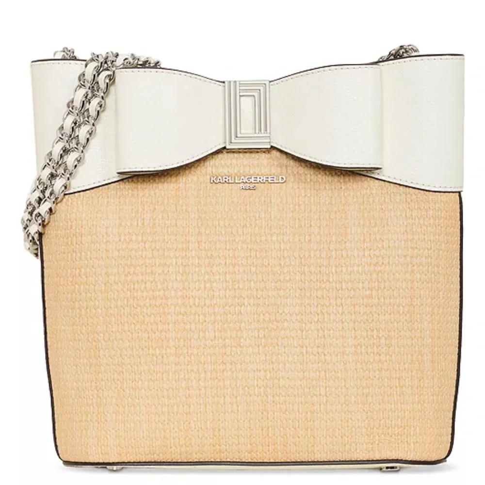 Karl Lagerfeld Cream & Natural Raffia Bow-Trim Shoulder Bag